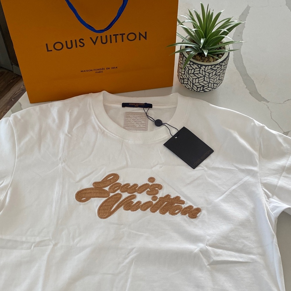 Louis Vuitton White Tee with Tan Script